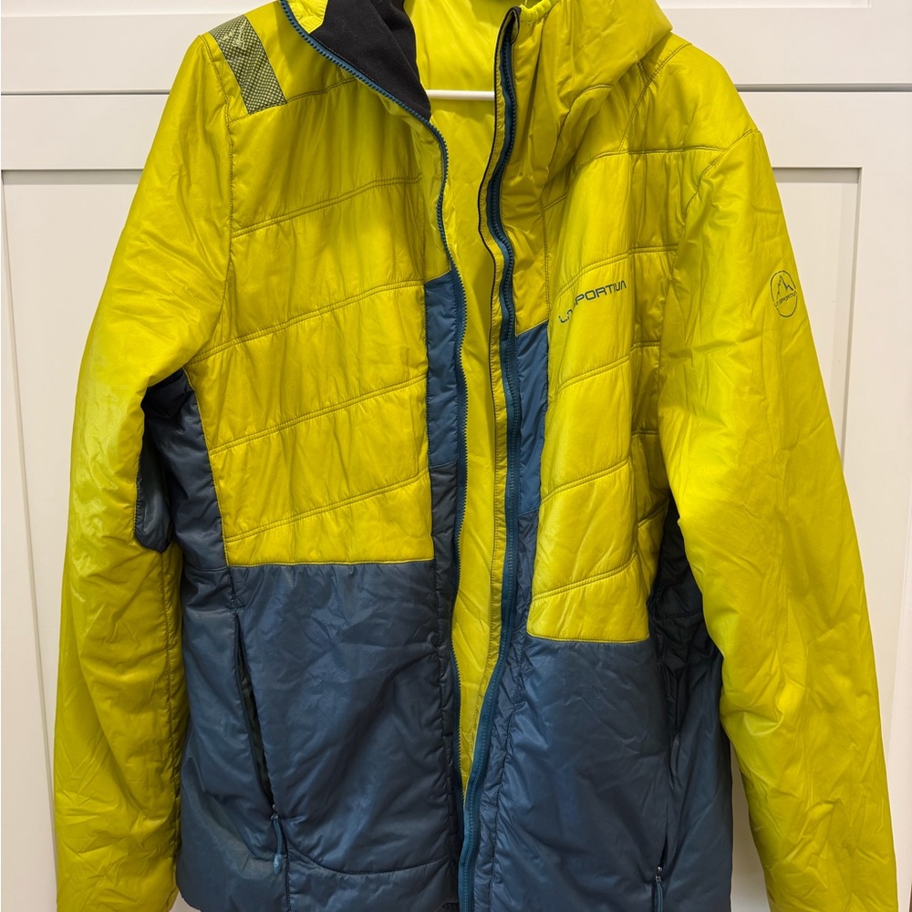 La Sportiva men’s XL hooded down puffy Vibrant Yellow and Teal Jacket